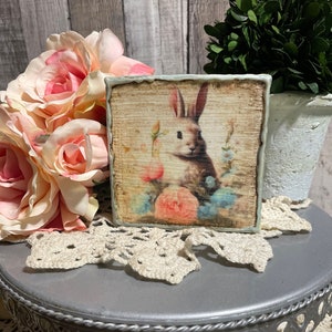 Bunny Spring Tier Tray Canvas, Cottage Floral Bunny Art, English Garden Decor, Farmhouse Decorator Gift, Vintage Rabbit Decore, Gift For Mom