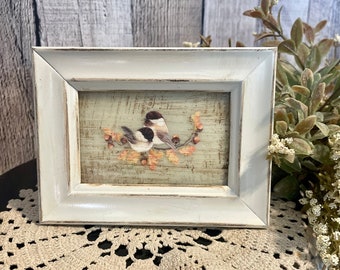 Chickadee Fall Vintage Mini Framed Cottage Tray Decor, Rustic Farmhouse Fall Decor, Vintage Fall Bird Artwork, Shabby Chic Bird Lovers Gift