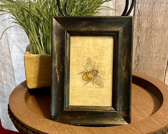 Primitive Framed Honeybee Tiered Tray Decor, Botanical Mini Framed Bee Lovers Gift, Farmhouse Decorator, Vintage Cottage Rustic Mini Bee Art