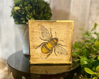Primitive Bee Canvas Art, Summer Tier Tray Decor, Vintage Rustic Home Decor, Farmhouse Decorator gift for Spring, Kitchen Tray, Honeybee