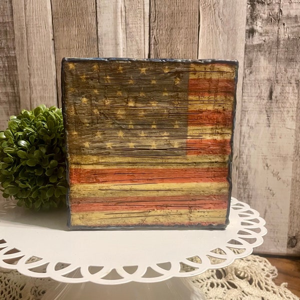 Summer Tier Tray Decorating, Rustic American Flag Canvas, Primitive Patriotic Decor, Farmhouse Style 4th Of July, Vintage Cottage Flag Art