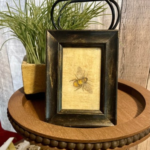 Primitive Framed Honeybee Tiered Tray Decor, Botanical Mini Framed Bee Lovers Gift, Farmhouse Decorator, Vintage Cottage Rustic Mini Bee Art