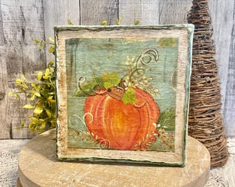 Fall Decorating, Fall Home Decore, Fall Tier Tray Vintage Style Pumpkin Canvas, Autumn Holiday Decorative Home Art, Farmhouse Decorator Gift