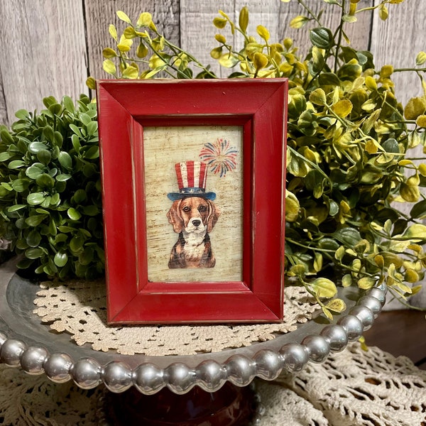 Summer Tiered Tray Decor, Uncle Sam Beagle, Vintage 4th of July, Americana Pup Mini Frame, Patriotic Dog Decor, Farmhouse Tiered Tray Accent