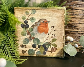 Fall Decorating Tier Tray Bird Canvas, Farmhouse Decorators Gift, Rustic Autumn Table Display, Vintage Cottage Style Fall Bird Lovers Gift