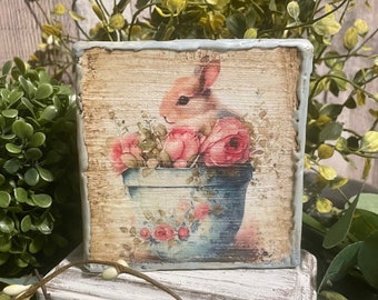 Spring Cottage Rose Bunny, Vintage Easter tiered tray decor, shabby chic home accents french country, decorator gift for spring, bunny lover