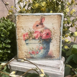 Spring Cottage Rose Bunny, Vintage Style Easter Tray Decor, Shabby Chic Home Accent For Spring, French Country Decorator Gift Bunny Lover