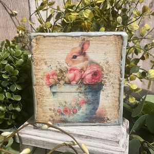 Spring Cottage Rose Bunny, Vintage Easter tiered tray decor, shabby chic home accents french country, decorator gift for spring, bunny lover