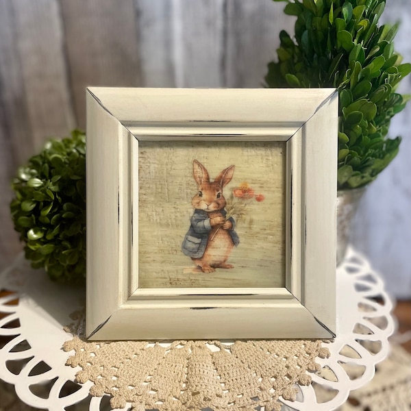 Spring Tiered Tray Decor, Charming Vintage Floral Bunny Frame, Farmhouse Decorator Gift, Easter Decore, Spring Cottage Flower Home Accent