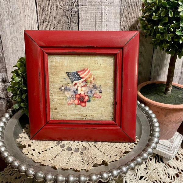 Summer Tiered Tray Vintage Style Floral 4th Of July Decor, Cottage Farmhouse Home & Living, Americana, Rustic Patriotic USA Decorators Gift