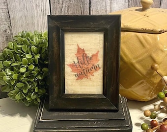 Hello Autumn Beeswax Mini Framed Fall Tray Art, Rustic Fall Shelf Decor, Cottagecore Hello Autumn Leaf Sign, Farmhouse Seasonal Fall Decor
