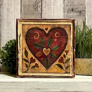 Primitive Folk Art Heart Canvas, Rustic Valentine Day Home Decore, Love Themed Farmhouse Decorator Gift For Her, Vintage Heart Tray Styling