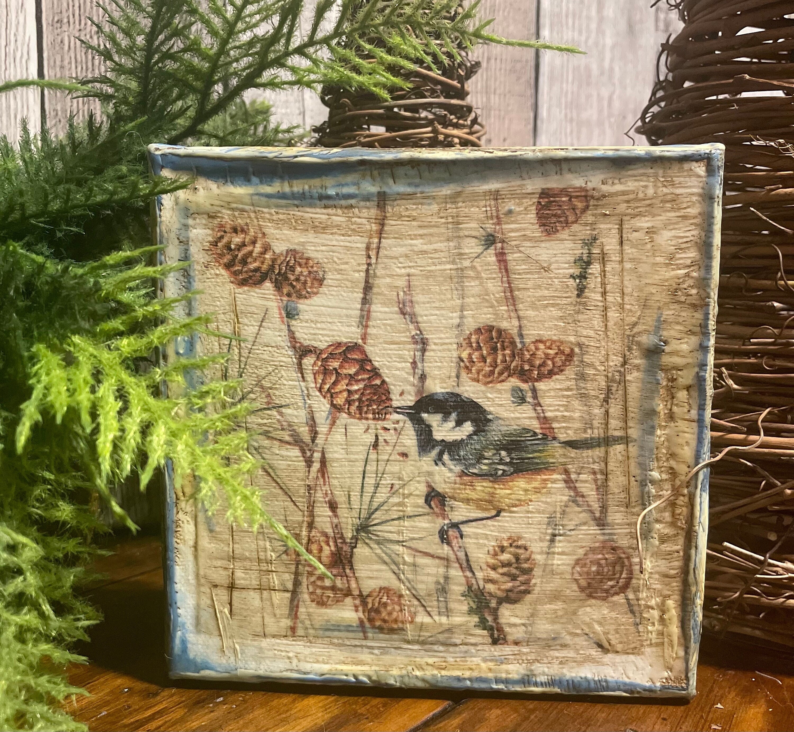 Woodland Pine Bird Spring Canvas, Table Top Display, Vintage Bird Decor, Bird Lovers, Farmhouse Decorator, Nature Lovers, Cabin Lodge Art