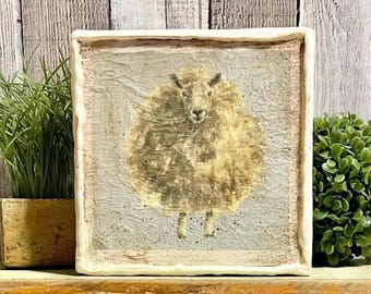 Primitive Sheep Beeswax Canvas, Rustic Farmhouse Spring Sheep Decor, Folk Art Fluffy Sheep Print Sign, Country Cottage Nursery Shelf Sitter