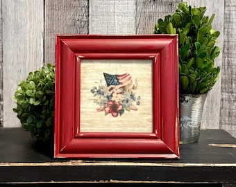 Floral 4th of July Patriotic Small Red Framed Art, Americana Vintage Patriotic Rustic Farmhouse Independence Day, Memorial Day, Veteran Gift