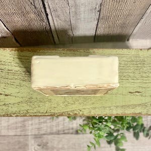 May include: A small, white ceramic planter with a brown and beige patterned base. The planter is sitting on a wooden surface.