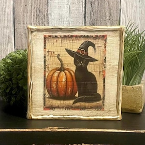 Black Cat Halloween Fall Decorating, Rustic Pumpkin Witch Decor, Farmhouse Fall Tiered Tray Table Decoration, Vintage Halloween Shelf Sitter