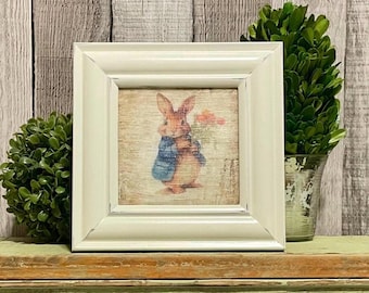Spring Decorating Rabbit Tray Home Decore, Rustic Bunny Vintage Easter Decore, Farmhouse Framed Nursery Decor, Decorator Gift Bunnie Lover