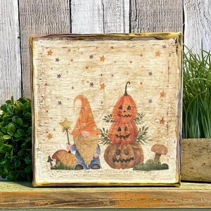 Halloween Fall Decorating, Fall Tiered Tray Garden Gnome Canvas, Autumn Pumpkin & Gnome Cottage Table Top Display, Farmhouse Decorator Gift