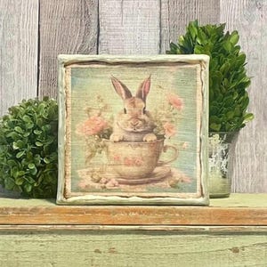 French Country Cottage Rose Bunny, Spring Tray Decorating Bunnie Tabletop Sign, Vintage Easter Home Decor, Rabbit Farmhouse Decorator Gift