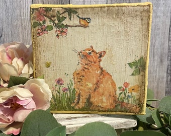 Cottage Kitty Garden Lovers Gift, Orange Tabby Cat Lovers Spring Tray & Tabletop Home Decor, Farmhouse Decorators Gift For Spring, Cat Sign