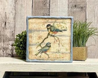 Bluebird Pair Bird Lovers Gift, Cottage Vintage Spring Decor, Rustic Spring Tray Decor, Spring Tabletop Display, Farmhouse Decorator Gift