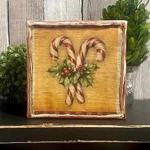 Candy Cane Christmas Block Art, Rustic Farmhouse Holiday Decor, Vintage Candy Cane Shelf Sitter, Winter Tiered Tray Decoration