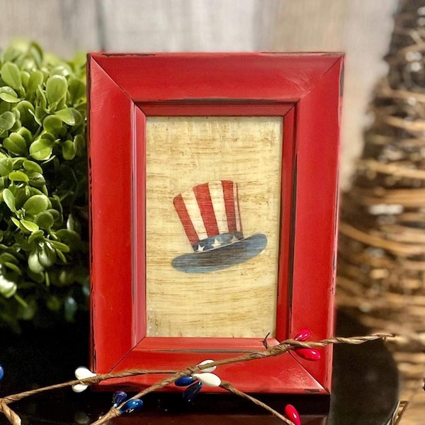 Patriotic Uncle Sam Hat Beeswax Mini Framed Americana Decor, Fourth Of July Farmhouse Rustic USA Tray Art, Framed Patriotic Red White Blue