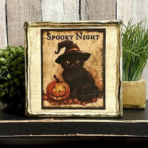 Halloween Decorating Black Cat Sign, Spooky Night Witch Cat Jack-O-Lantern Fall Shelf Sitter, Vintage Style Halloween Cat & Pumpkin Decor