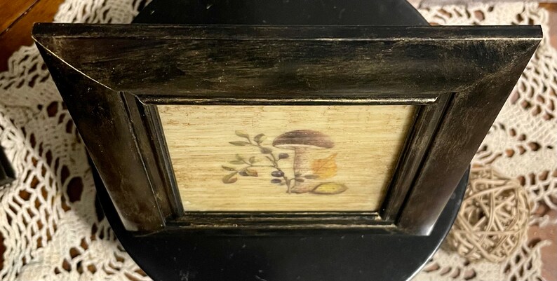 May include: A framed print of a mushroom with a brown cap and white stem, surrounded by leaves and berries. The frame is black with a distressed finish.