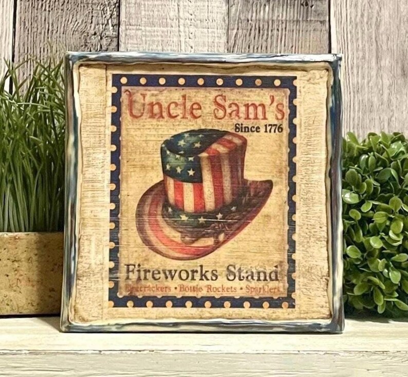 Table Top Firework Uncle Sam Fireworks Stand, Patriotic Beeswax Canvas, Americana Decor ...