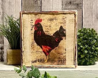 Folk Art Rustic Rooster Beeswax Canvas Art, Farmhouse Chicken Table Decor, Vintage Rooster Kitchen Tray Art, French Country Farm Decor