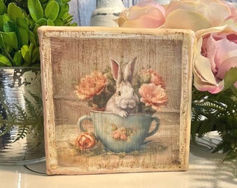 Vintage Bunny Teacup Beeswax Canvas, Cottagecore Easter, Shabby Chic French Country Bunny Sign, Spring Rabbit  Floral Nursery Shelf Sitter