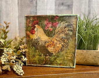 Vintage Rooster Beeswax Canvas, Farmhouse Chicken Table Decor, Rustic French Country Kitchen Tray Art, Cottagecore  Primitive Rooster Sign