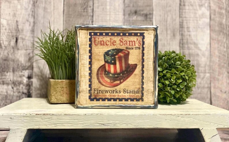 Table Top Firework Uncle Sam Fireworks Stand, Patriotic Beeswax Canvas, Americana Decor ...