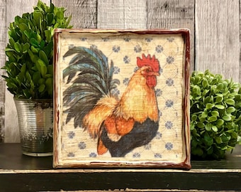 Rustic Rooster Beeswax Canvas, Farmhouse Chicken Folkart Decor, Country Kitchen Table Art, Primitive Rooster Cottagecore English Country