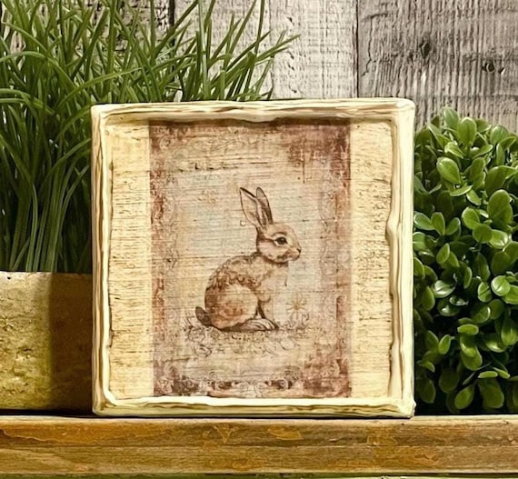 Vintage Bunny Beeswax Canvas, Cottagecore Rabbit Tray Decor, Rustic Woodland Bunny, Farmhouse Spring Rabbit Sign, Shabby Chic Easter Gift