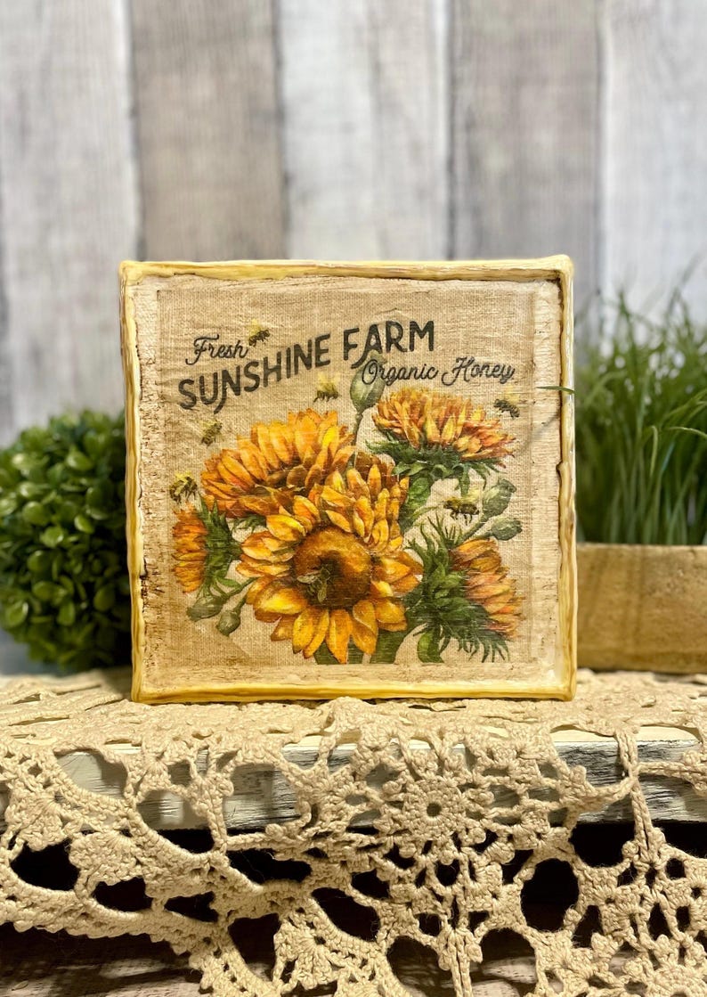 Fall Honey Bee Home Decore Canvas, Sunflower Home Decore, Sunflower & Bee Farm Kitchen Decorating, Farmhouse Decorator Gift For Bee Lovers, sunflower and honeybee canvas for farmhouse home decorating,summer and fall home decore for tiered tray/tables