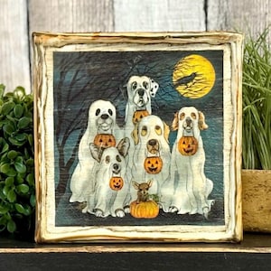 Halloween Ghost Dogs Fall Decorating Sign, Rustic Dogs In Ghost Costumes with Pumpkins, Cute Halloween Tray Tabletop Decor, Dog Lovers Gift