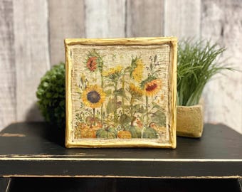 Sunflower Rustic Cottage Fall Tray Beeswax Decore, Primitive Country Garden Table Display, Vintage Style Farmhouse Decorator Gift Gardeners