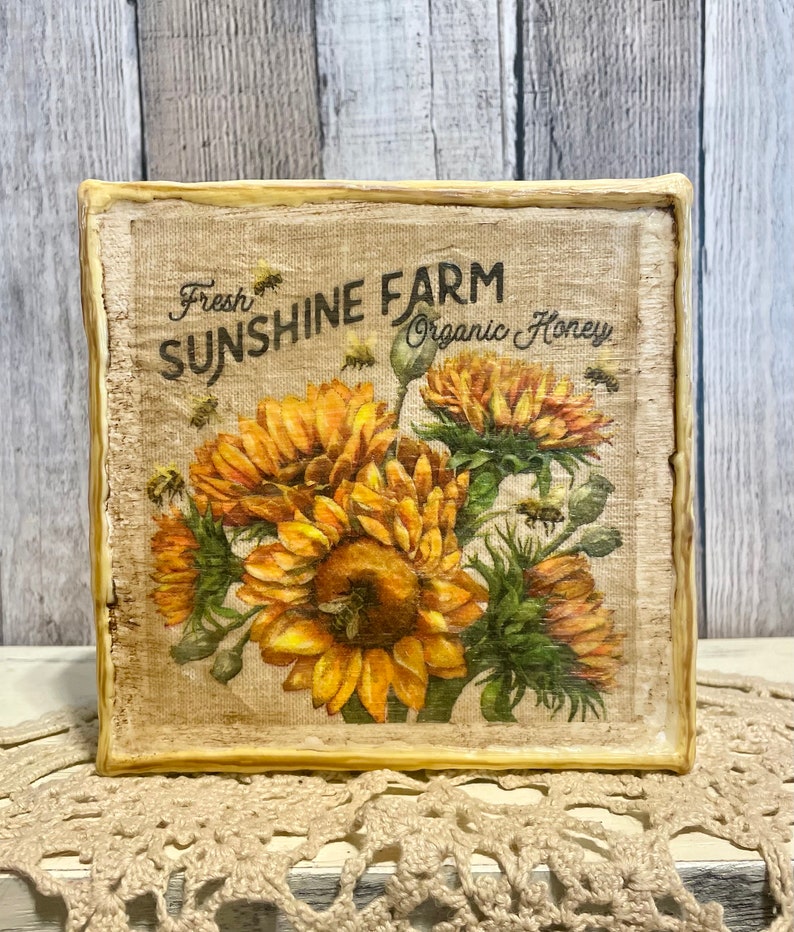 Fall Honey Bee Home Decore Canvas, Sunflower Home Decore, Sunflower & Bee Farm Kitchen Decorating, Farmhouse Decorator Gift For Bee Lovers, sunflower and honeybee canvas for farmhouse home decorating,summer and fall home decore for tiered tray/tables