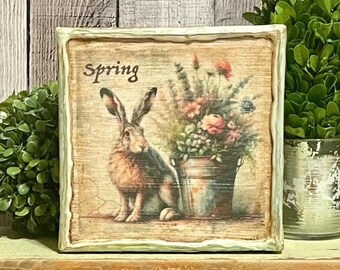 Spring Bunny Primitive Beeswax Canvas, Vintage Floral Rabbit Spring Sign, Cottagecore Easter  Table Decor, Farmhouse Shabby Chic Bunny Sign