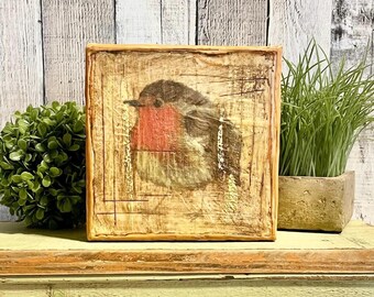 Primitive Robin Themed Home Decor,  Rustic Farmhouse Spring Decoration, Chubby Robin Canvas For Tier Tray Decor, Bird Lover Gift Home Accent
