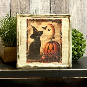 Halloween Black Cat & Pumpkin Sign, Halloween Fall Decorating,Rustic Witch Cat Fall Tray Shelf Sitter, Vintage Black Cat Halloween Tabletop