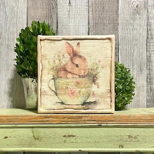 Vintage Bunny French Country Cottage Spring Tray Styling, Rabbit Shabby Chic Easter Home Decore, Farmhouse Decorator Gift Bunnie Lovers