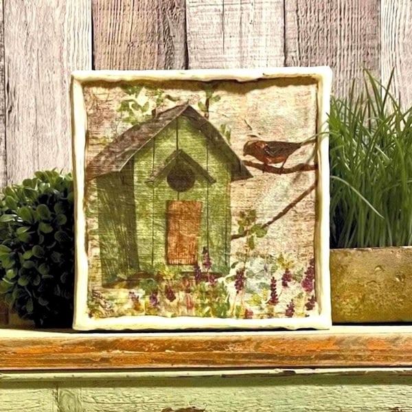 Cottage Garden Tiered Tray Decor, Charming Farmhouse Spring Sign, Vintage Birdhouse, Garden Art, Floral Home Decor, Farmhouse Decorator