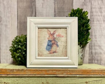Vintage Framed Bunny For Easter Trays, Shabby Chic Floral Farmhouse Decorator Gift Bunnie Lover, Country Cottage Bunny Rabbit Print