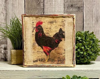 Rustic Rooster Canvas, Primitive Farmhouse Chicken Tray Decor, Vintage Rooster Table Art, Country Kitchen Decor, French Country Rooster Sign