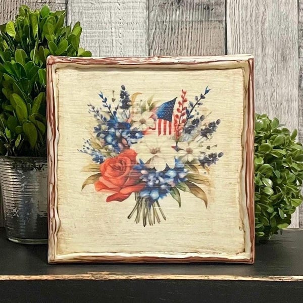 Patriotic Vintage July 4th Floral Summer Tray Decor, Independence Day Tabletop Home Decore, Memorial Day Country Farmhouse Decorator Gift