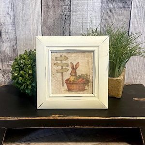 Spring Tray Primitive Garden Bunny, Bunnie Lovers Gift, Rustic Folk Rabbit Cottage Tabletop Decor, Farmhouse Decorator Gifts For Spring